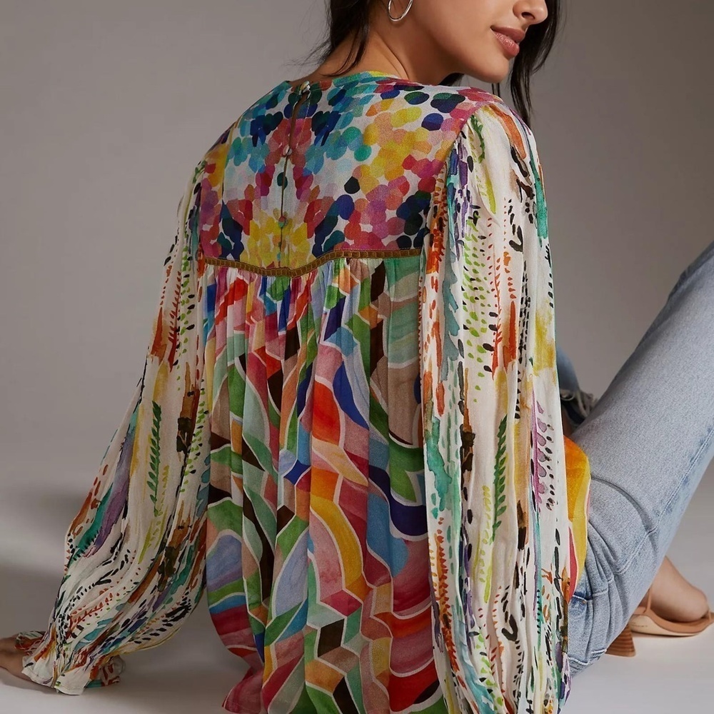Anthropologie Bl-Nk Miranda Peasant Blouse Green Motif XXS - Picture 3 of 7